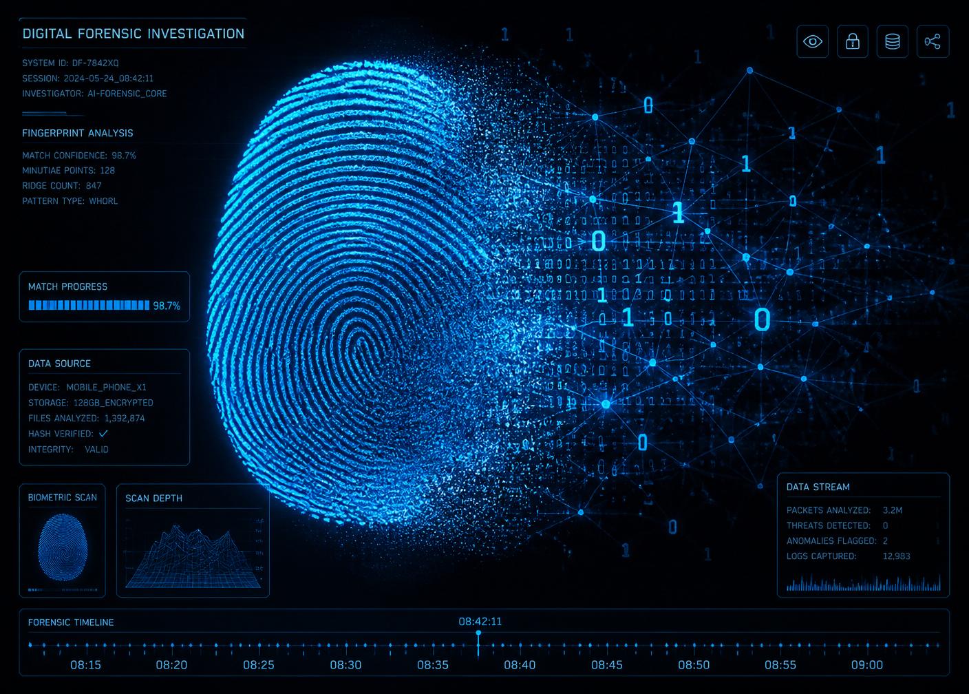 Panel forense digital con huella dactilar y análisis de datos en tiempo real